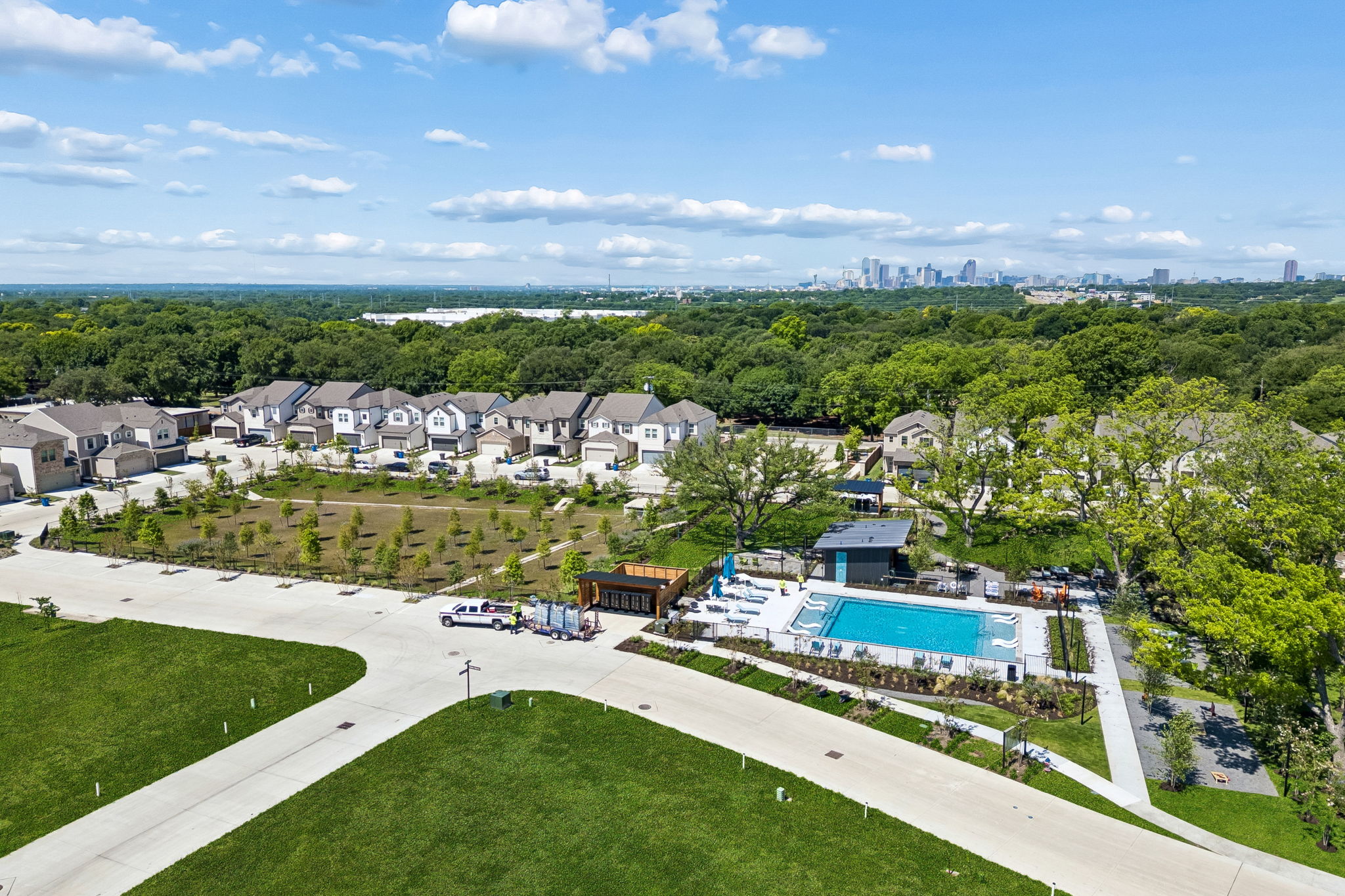 Aerial view of residential area with pool